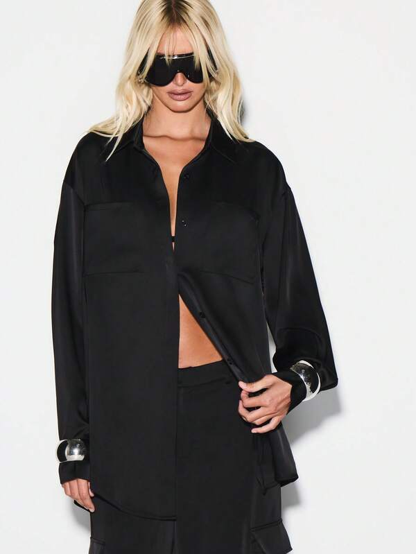 missguided KIZN Oversized Button Down Satin Shirt Long Sleeve Collared Blouse Office Professional Classic Wardrobe Essential