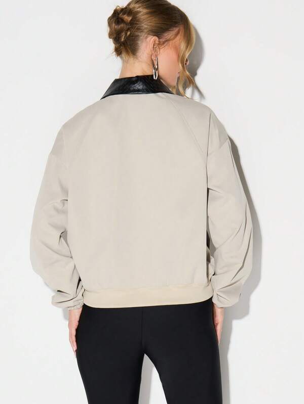 Missguided KIZN Oversized Canvas Bomber Jacket With Quilted Collar Cropped Fashion Streetwear Outerwear For Fall Winter