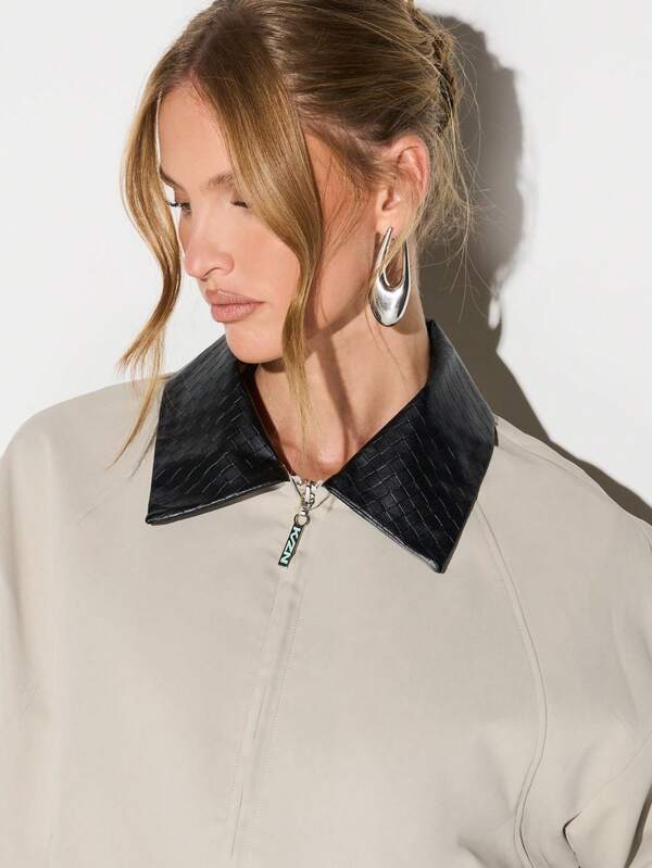 Missguided KIZN Oversized Canvas Bomber Jacket With Quilted Collar Cropped Fashion Streetwear Outerwear For Fall Winter