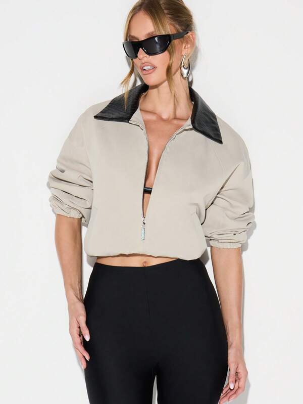 missguided KIZN Oversized Canvas Bomber Jacket With Quilted Collar Cropped Fashion Streetwear Outerwear For Fall Winter