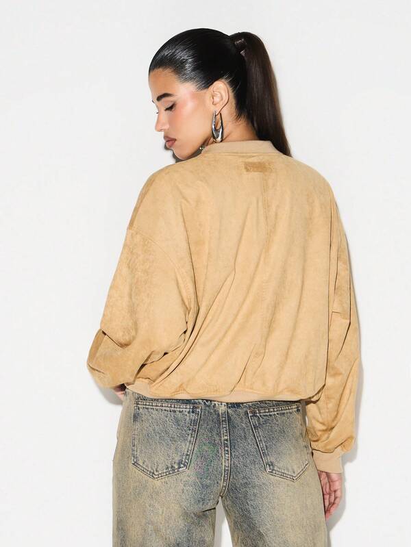 Missguided KIZN Oversized Faux Suede Bomber Jacket For Women Fall Winter Layering Essential Casual Outerwear