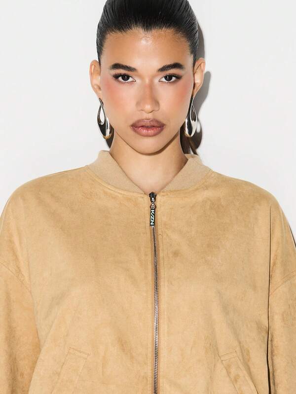 Missguided KIZN Oversized Faux Suede Bomber Jacket For Women Fall Winter Layering Essential Casual Outerwear