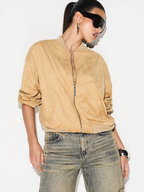 missguided KIZN Oversized Faux Suede Bomber Jacket For Women Fall Winter Layering Essential Casual Outerwear