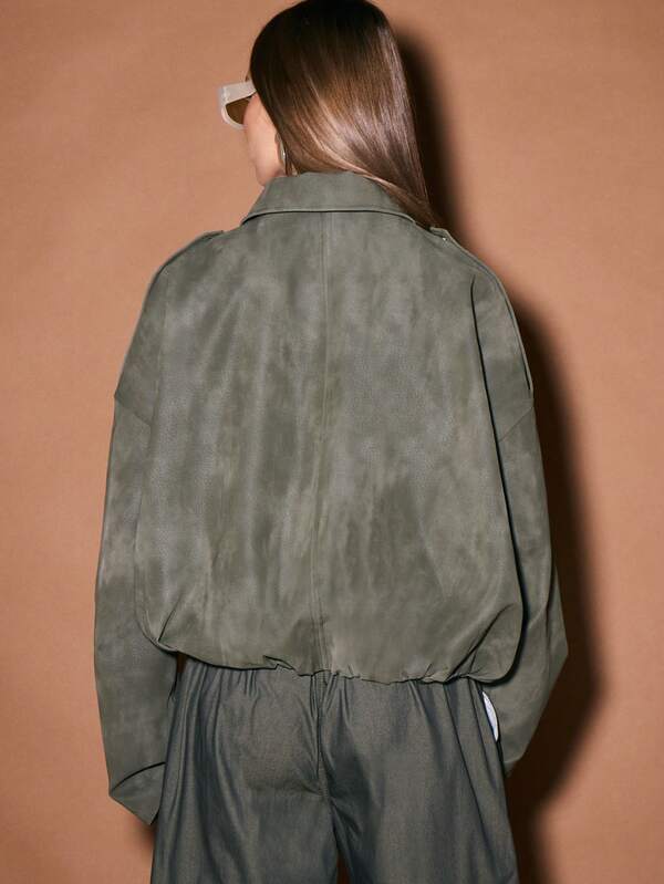 Missguided KIZN Oversized Khaki Suede Utility Coat With Stand Collar And Zip Closure Winter Outerwear