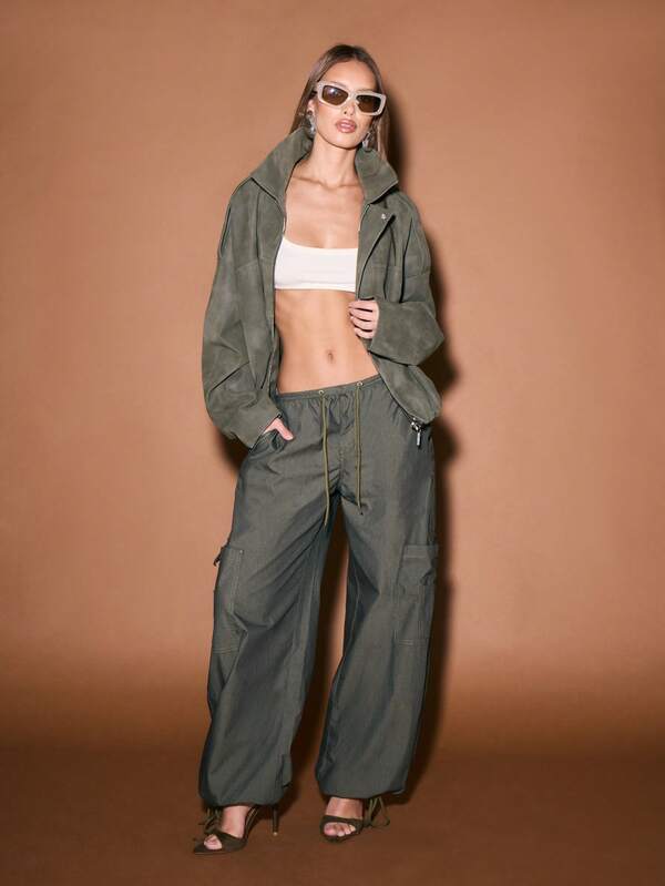 Missguided KIZN Oversized Khaki Suede Utility Coat With Stand Collar And Zip Closure Winter Outerwear