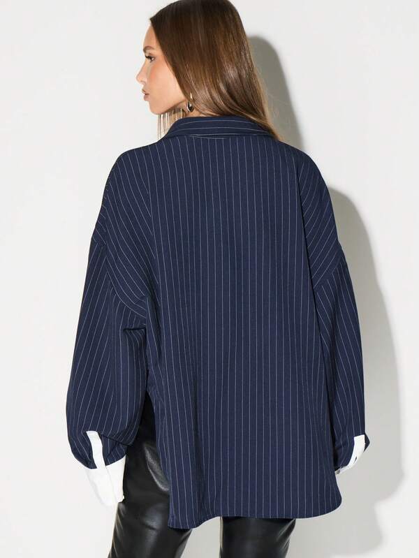 Missguided KIZN Oversized Pinstripe Button Down Shirt For Office Professional Casual Collared Blouse
