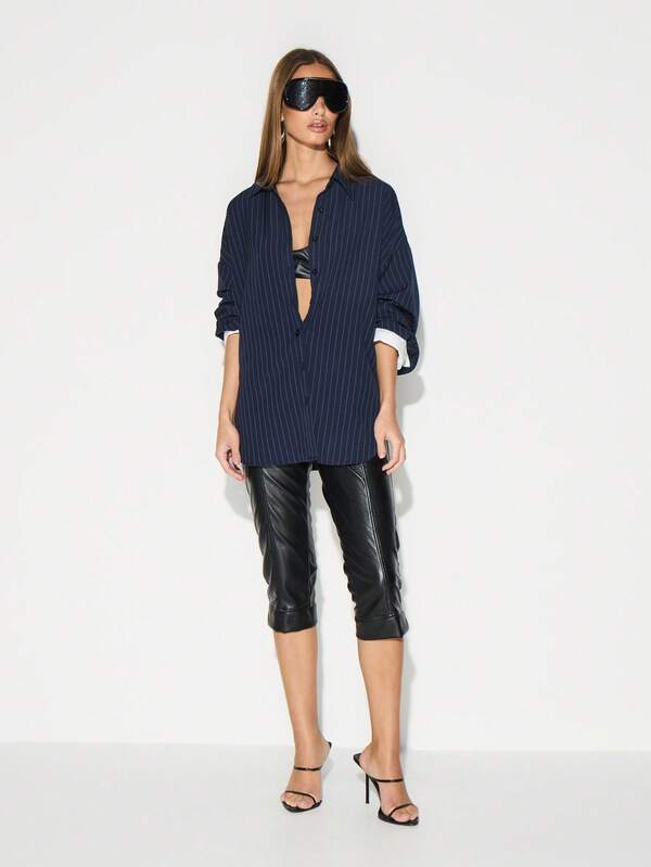 Missguided KIZN Oversized Pinstripe Button Down Shirt For Office Professional Casual Collared Blouse