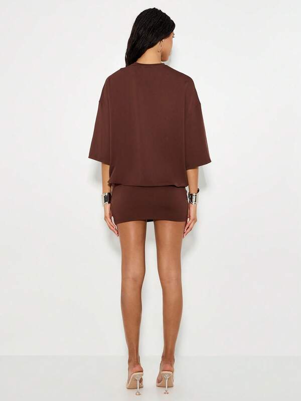 Missguided KIZN Oversized Studded T Shirt Mini Dress Long Belt Casual Fall Brown Batwing Sleeve Slouchy Studded Belt Autumn Party Night Out Clubwear