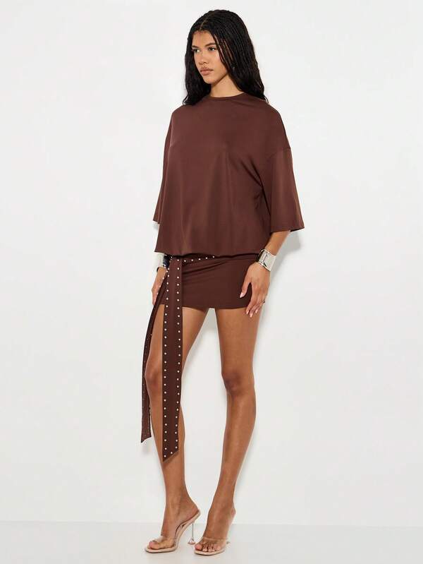 Missguided KIZN Oversized Studded T Shirt Mini Dress Long Belt Casual Fall Brown Batwing Sleeve Slouchy Studded Belt Autumn Party Night Out Clubwear