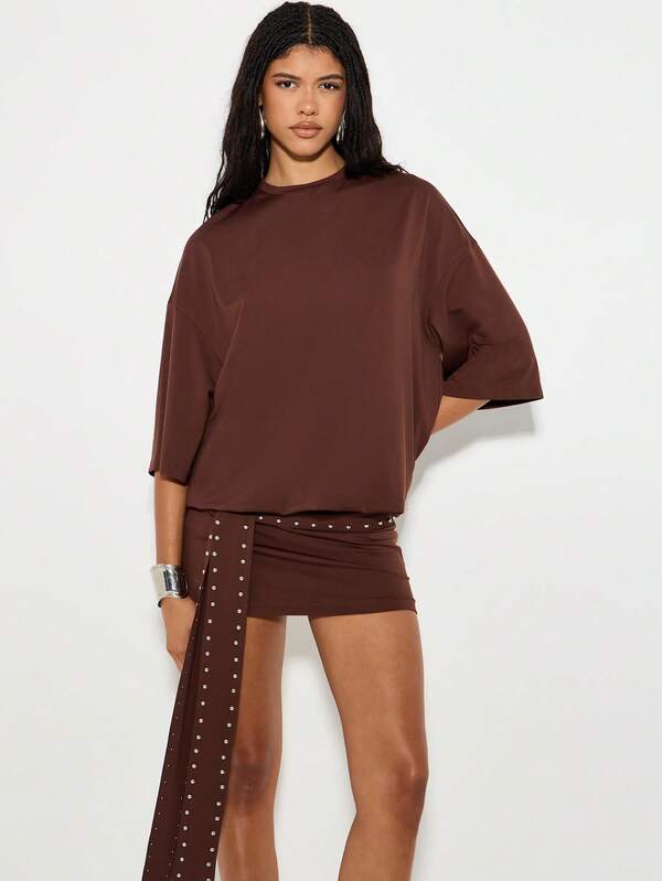 Missguided KIZN Oversized Studded T Shirt Mini Dress Long Belt Casual Fall Brown Batwing Sleeve Slouchy Studded Belt Autumn Party Night Out Clubwear