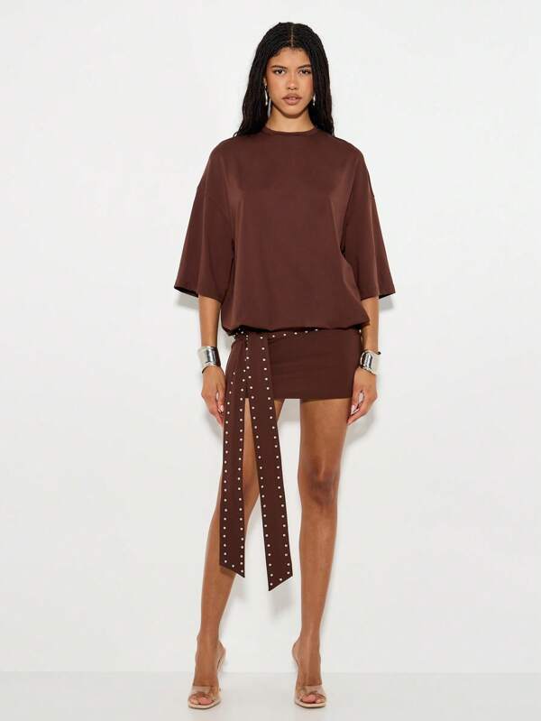 missguided KIZN Oversized Studded T Shirt Mini Dress Long Belt Casual Fall Brown Batwing Sleeve Slouchy Studded Belt Autumn Party Night Out Clubwear