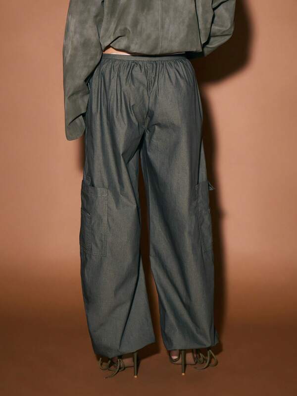 Missguided KIZN Relaxed Wide Leg Utility Cargo Pants With Drawstring Waist Elasticated Hem Military Street Style