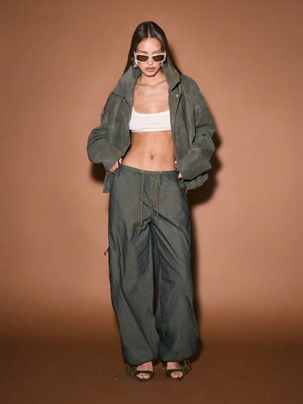 Missguided KIZN Relaxed Wide Leg Utility Cargo Pants With Drawstring Waist Elasticated Hem Military Street Style