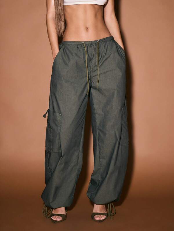 missguided KIZN Relaxed Wide Leg Utility Cargo Pants With Drawstring Waist Elasticated Hem Military Street Style