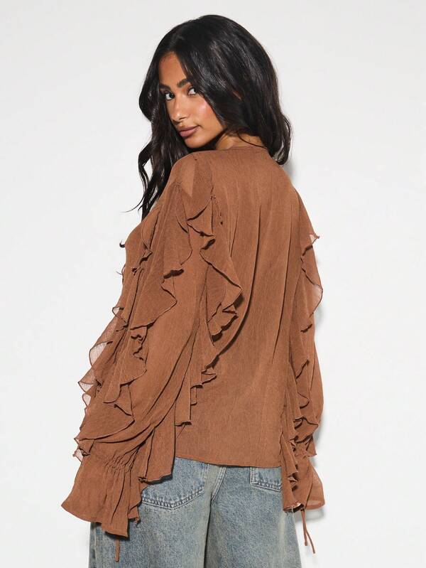 Missguided KIZN Ruffled Long Sleeve Chiffon Blouse V Neck Lace Up Front Boho Peasant Top Layered Ruffle Detail Fall Party Evening Occasion Wear