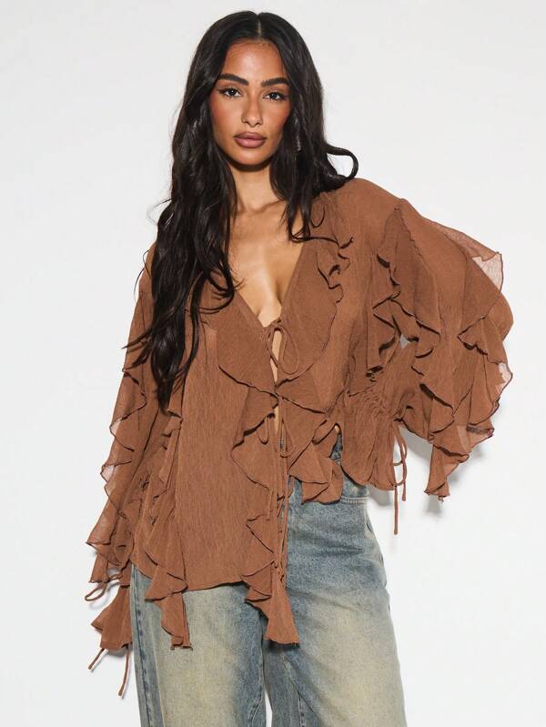 Missguided KIZN Ruffled Long Sleeve Chiffon Blouse V Neck Lace Up Front Boho Peasant Top Layered Ruffle Detail Fall Party Evening Occasion Wear