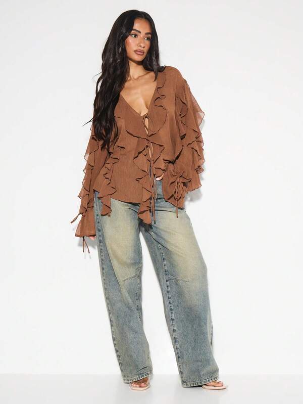 Missguided KIZN Ruffled Long Sleeve Chiffon Blouse V Neck Lace Up Front Boho Peasant Top Layered Ruffle Detail Fall Party Evening Occasion Wear
