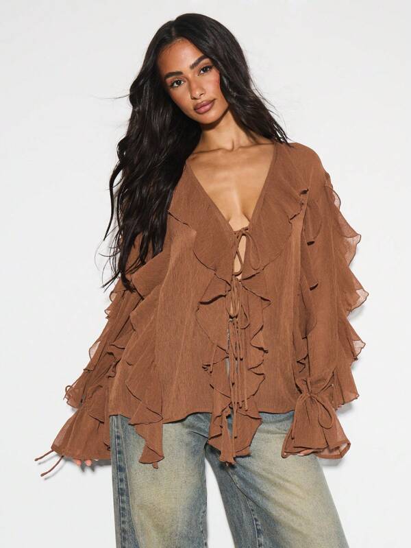 missguided KIZN Ruffled Long Sleeve Chiffon Blouse V Neck Lace Up Front Boho Peasant Top Layered Ruffle Detail Fall Party Evening Occasion Wear