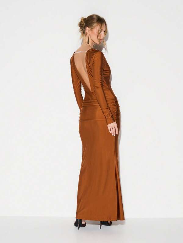 Missguided KIZN Rust Plunge Neckline Long Sleeve Ruched Side Slit Bodycon Maxi Dress Evening Formal Cocktail Party