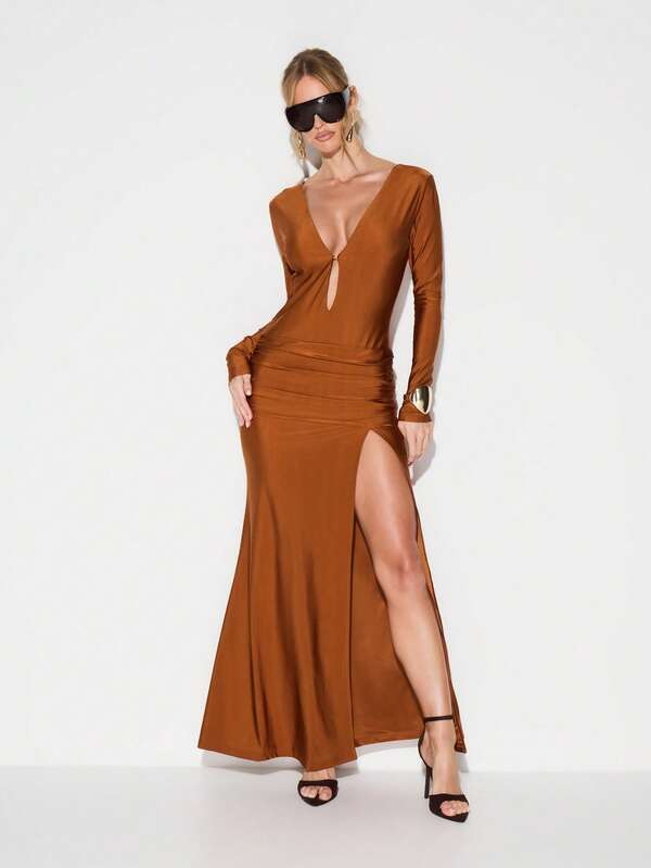 Missguided KIZN Rust Plunge Neckline Long Sleeve Ruched Side Slit Bodycon Maxi Dress Evening Formal Cocktail Party
