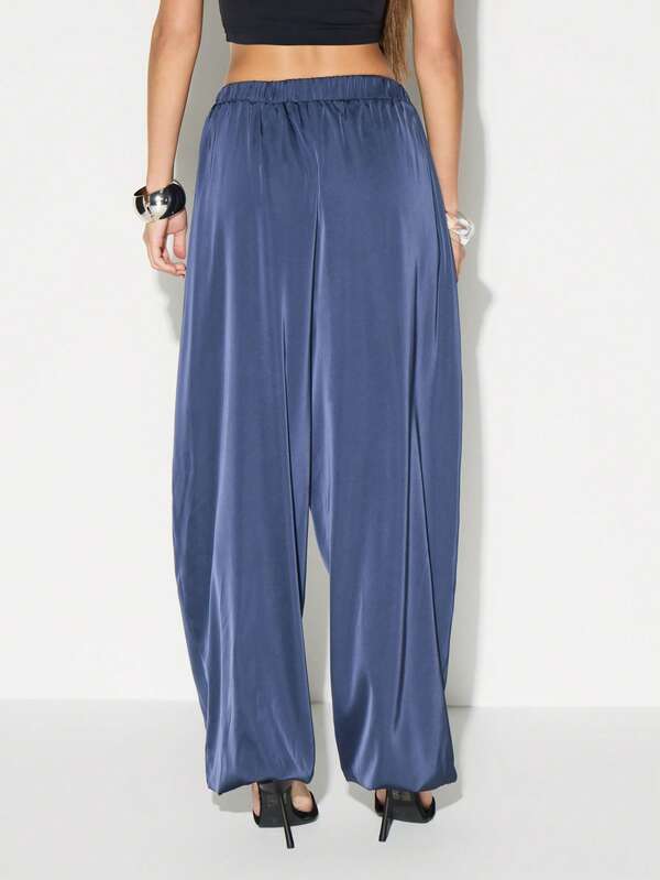 Missguided KIZN Satin Balloon Jogger Pants High Rise Loose Fit Wide Leg Casual Sweatpants With Pockets