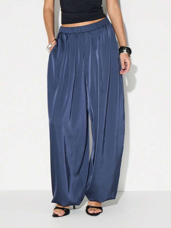 Missguided KIZN Satin Balloon Jogger Pants High Rise Loose Fit Wide Leg Casual Sweatpants With Pockets
