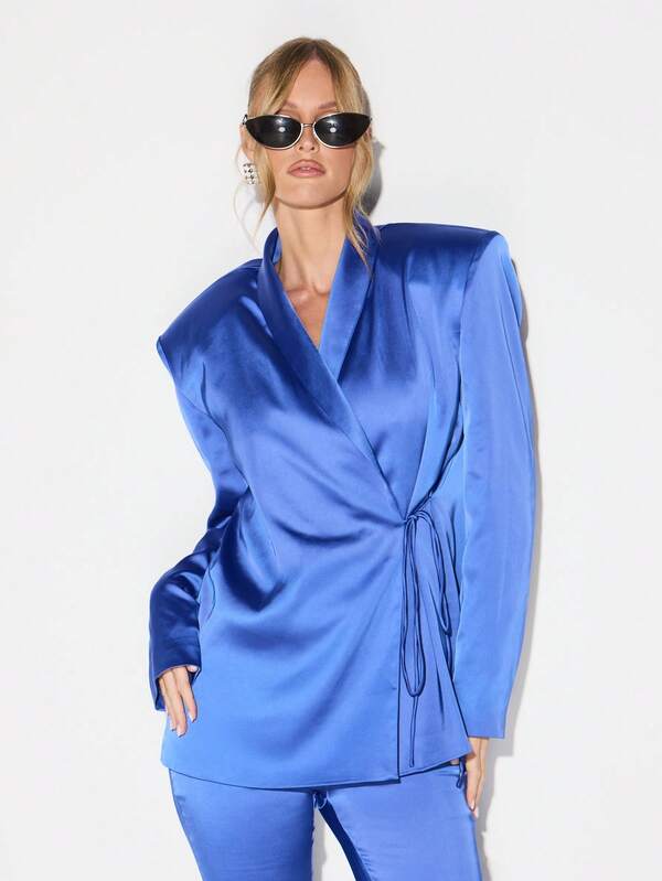 Missguided KIZN Satin Blazer Wrap Style Long Sleeve Formal Business Professional Office Workwear Sophisticated Evening Dinner Party Jacket