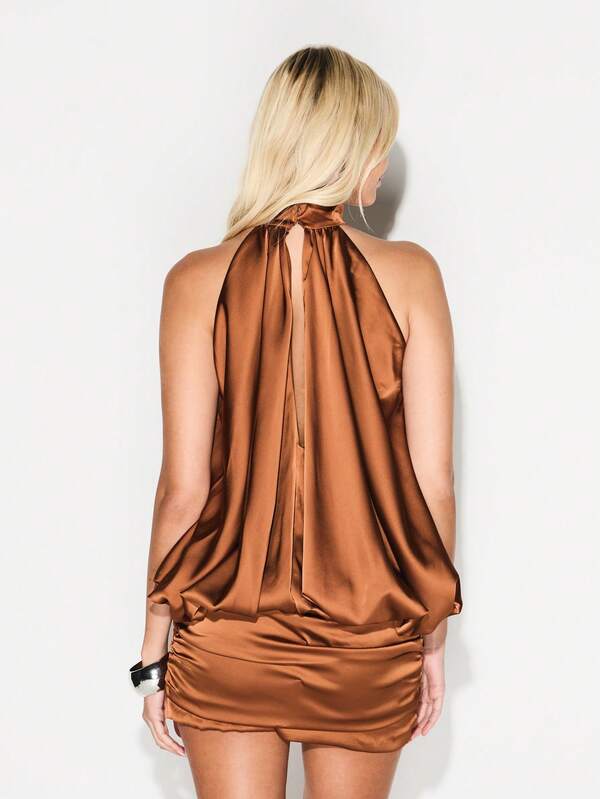 Missguided KIZN Satin Halter Neck Mini Dress Sleeveless Bodycon Party Cocktail Evening Formal Occasion Copper Bronze