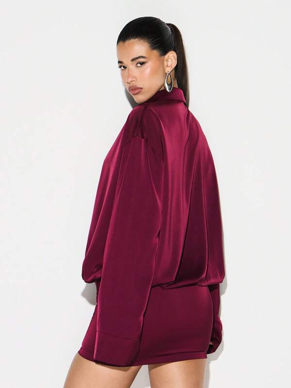 Missguided KIZN Satin Wrap Mini Dress With Long Sleeves And Plunging Neckline For Party Evening Cocktail Occasions