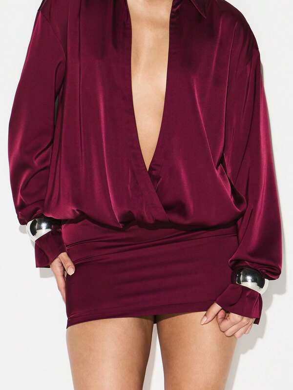 Missguided KIZN Satin Wrap Mini Dress With Long Sleeves And Plunging Neckline For Party Evening Cocktail Occasions