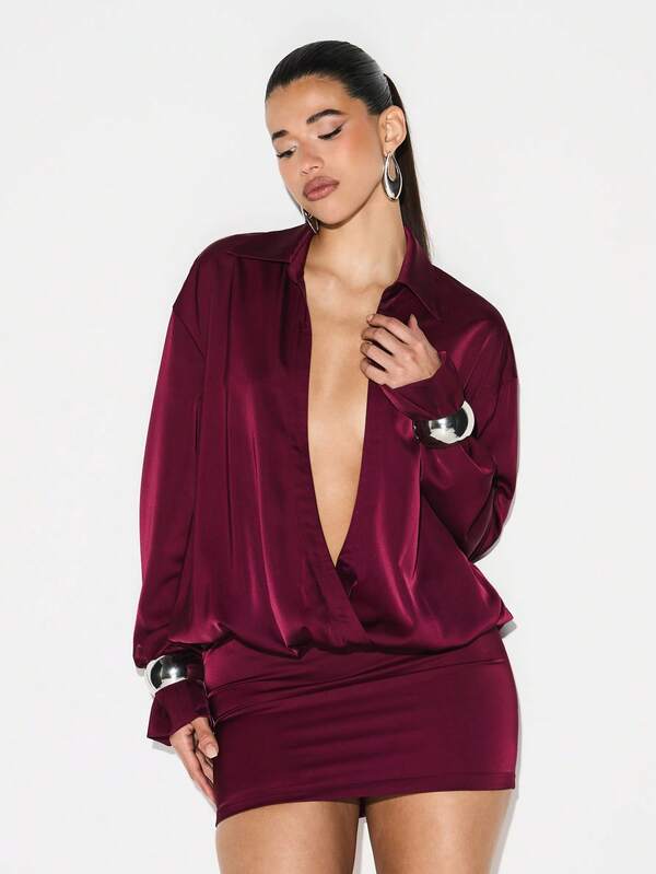 missguided KIZN Satin Wrap Mini Dress With Long Sleeves And Plunging Neckline For Party Evening Cocktail Occasions