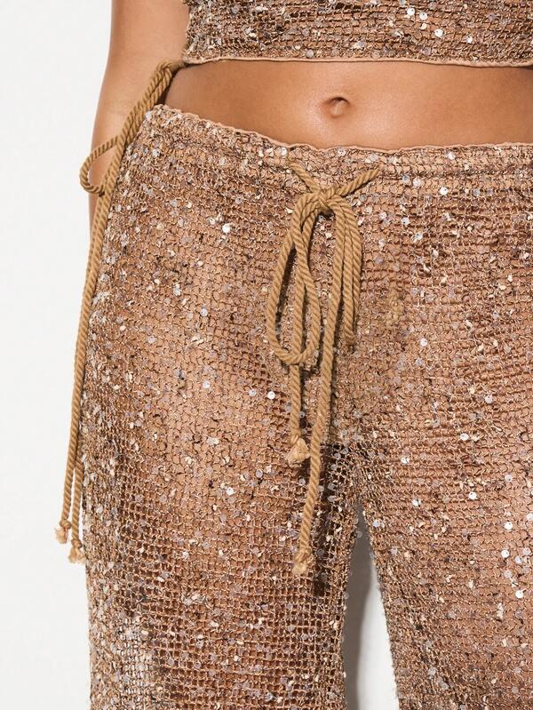 Missguided KIZN Sequin Crochet Crop Bandeau Top And Palazzo Pants Festival Party Evening Co Ord Set Lace Up Side Detail Night Out Holiday Resort Wear