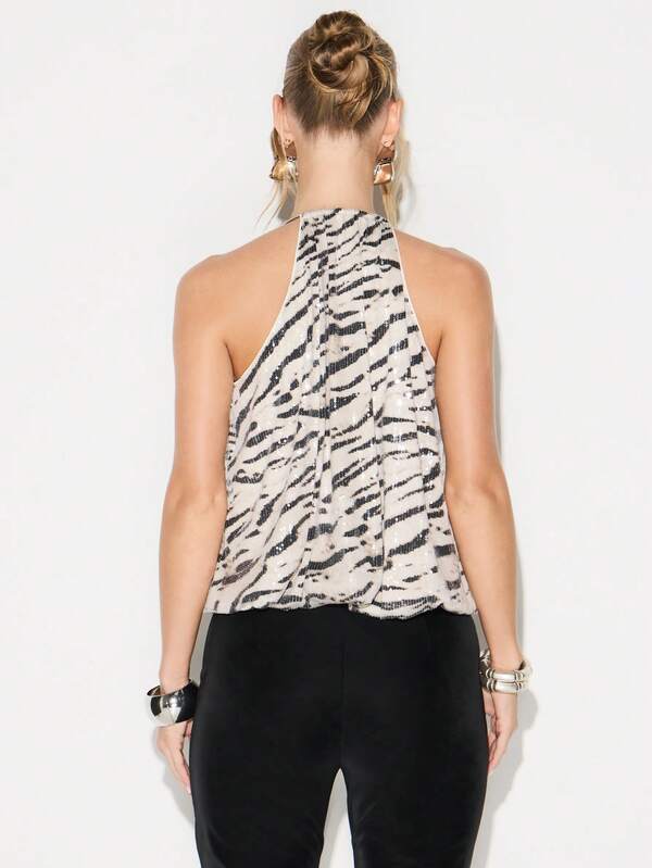 Missguided KIZN Sequin Zebra Print Halter Neck Bodysuit With Deep Plunge Neckline For Evening Party Cocktail Club Occasions