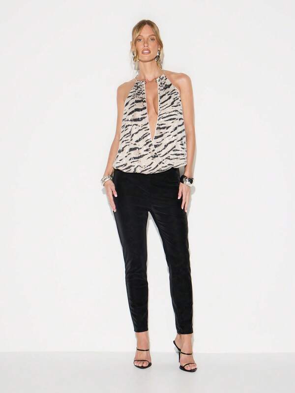 Missguided KIZN Sequin Zebra Print Halter Neck Bodysuit With Deep Plunge Neckline For Evening Party Cocktail Club Occasions
