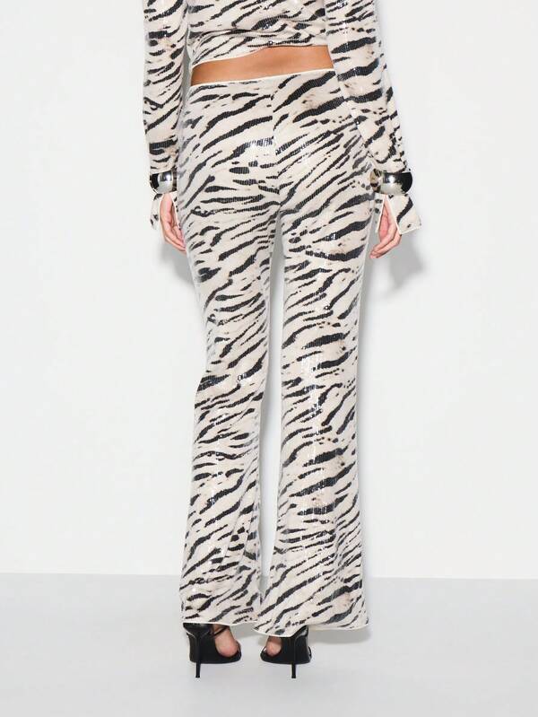 Missguided KIZN Sequin Zebra Print High Rise Flare Trousers With Puddle Hem For Evening Parties