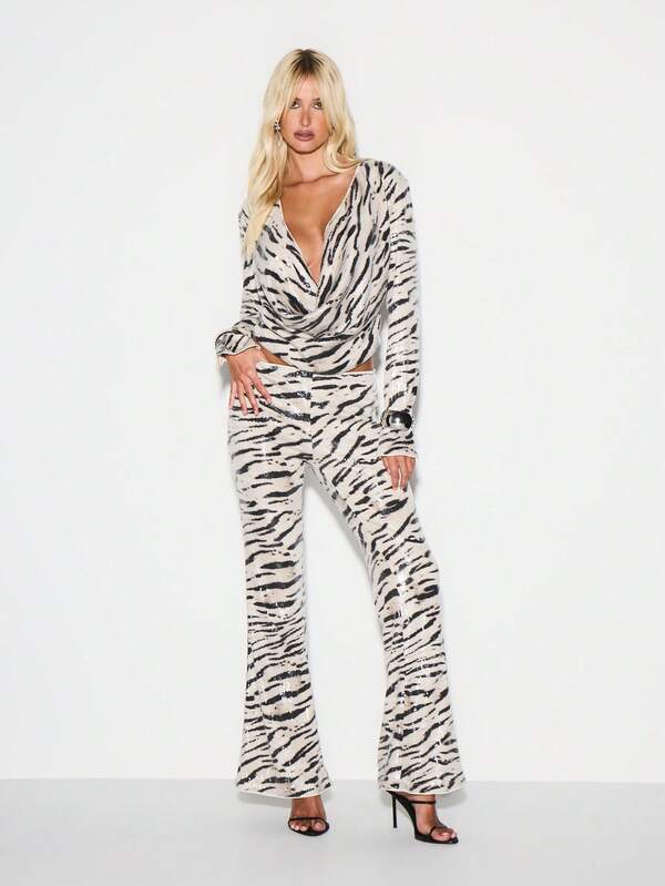 Missguided KIZN Sequin Zebra Print High Rise Flare Trousers With Puddle Hem For Evening Parties
