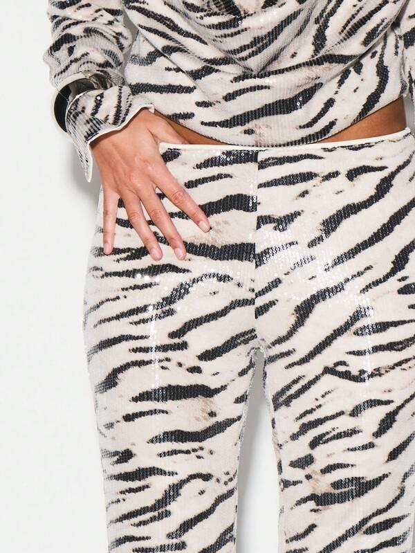 Missguided KIZN Sequin Zebra Print High Rise Flare Trousers With Puddle Hem For Evening Parties