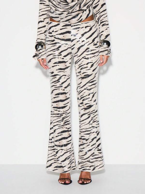 missguided KIZN Sequin Zebra Print High Rise Flare Trousers With Puddle Hem For Evening Parties