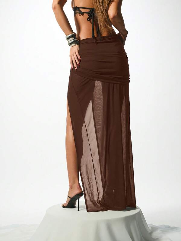 Missguided KIZN Sheer Mesh Draped Maxi Skirt With High Side Slit Ruched Waist Floor Length Evening Party Skirt