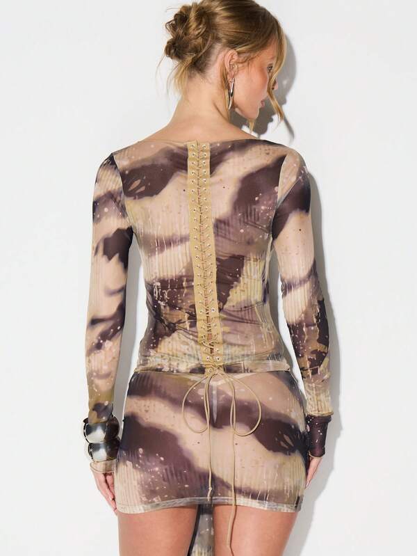 Missguided KIZN Sheer Mesh Long Sleeve Bodycon Top With Lace Up Back Detail And Tie Dye Print For Festival Clubwear