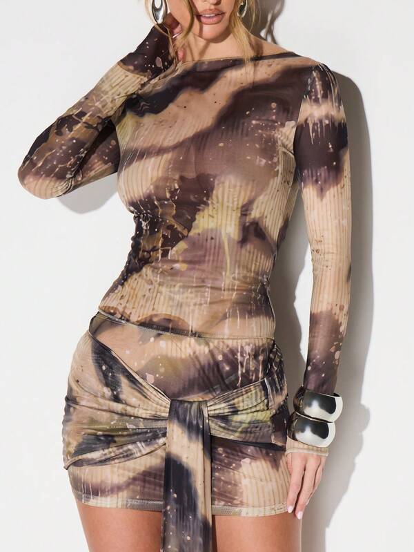 Missguided KIZN Sheer Mesh Long Sleeve Bodycon Top With Lace Up Back Detail And Tie Dye Print For Festival Clubwear
