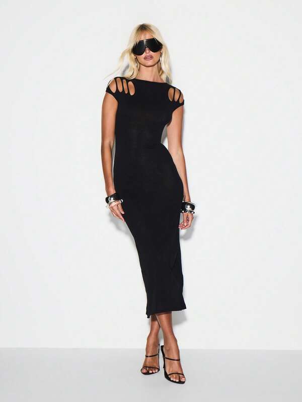 missguided KIZN Sleeveless Bodycon Midi Dress With Cut Out Shoulder Details And Open Back Design For Party Occasions