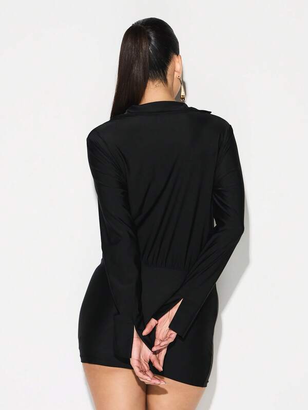 Missguided KIZN Slinky Long Sleeve Deep Plunge Cowl Neck Bodycon Mini Dress Evening Party Cocktail