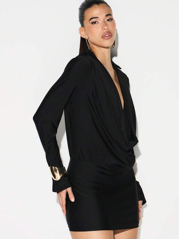 Missguided KIZN Slinky Long Sleeve Deep Plunge Cowl Neck Bodycon Mini Dress Evening Party Cocktail
