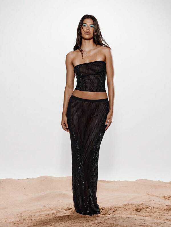 Missguided KIZN Sparkle Mesh Corset Style Tube Top Bustier Evening Party Club Night Out Festival Fashion Strapless Design With Glitter Details