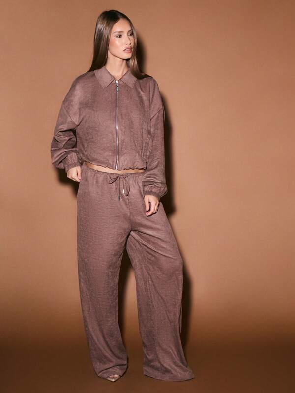 Missguided KIZN Suede Zip Front Collared Bomber Jacket Long Sleeve Cropped Outerwear Fall Winter