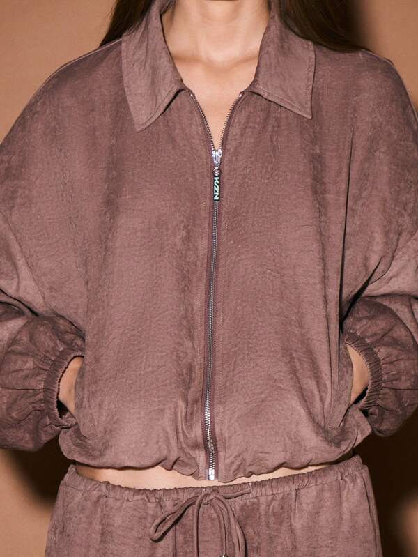 Missguided KIZN Suede Zip Front Collared Bomber Jacket Long Sleeve Cropped Outerwear Fall Winter