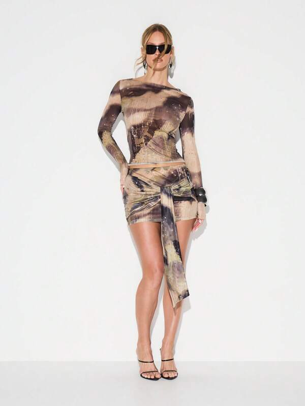 Missguided KIZN Tie Dye Print Mini Skirt With Side Tie Detail Festival Rave Party Bodycon Wrap Style