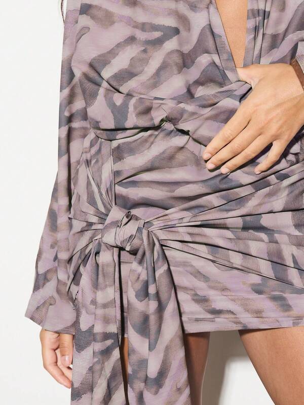 Missguided KIZN Tiger Print Long Sleeve Mini Dress With Deep V-Neck And Side Tie Detail For Fall Winter