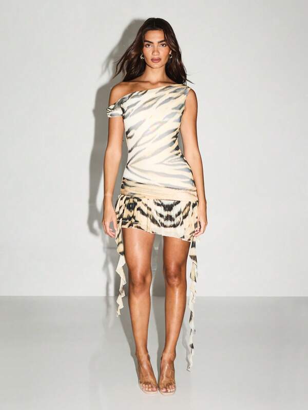 missguided KIZN Tiger Print One Shoulder Mini Evening Dress High Low Ruffle Party Special Occasion Dress Spring Summer Resort Bohemian Clothes Vacation Dress